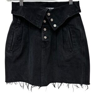 RE/DONE Fold Over Waist Denim Mini Skirt Noir Black Raw Hem Size 24